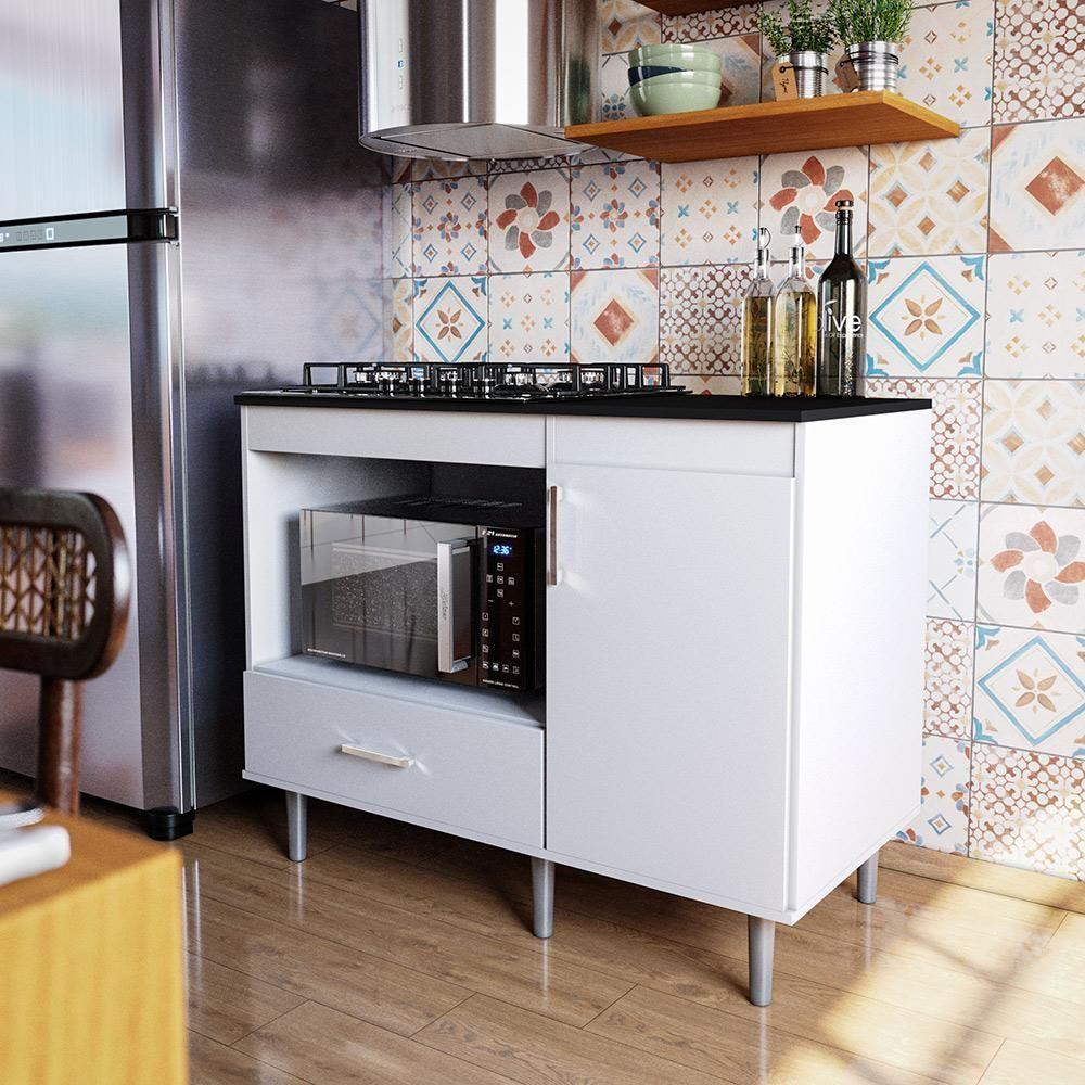 Balcão Para Cooktop 1,05m 4 Bocas 1 Nicho Com 1 Porta E Gaveta Turim Branco - 1