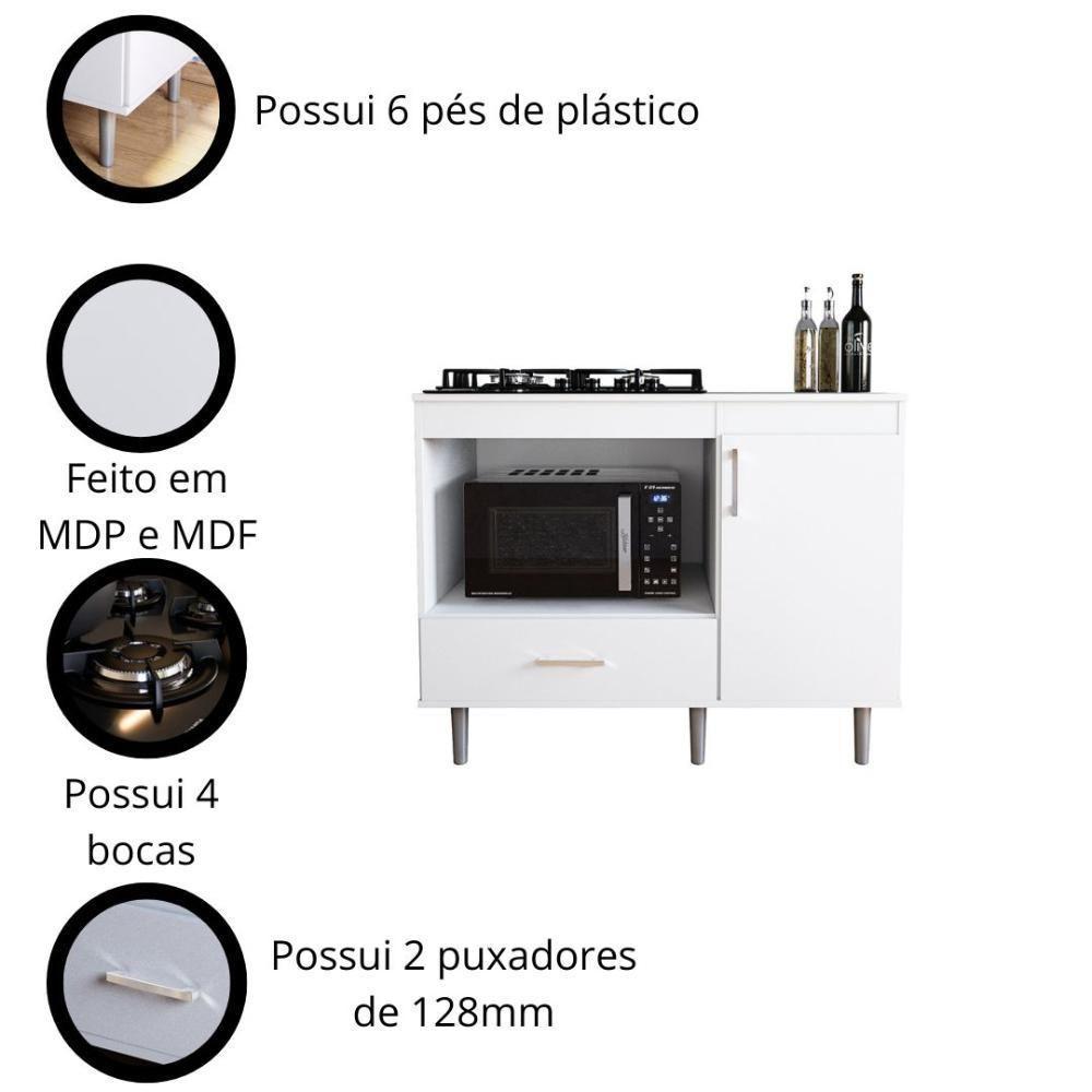 Balcão Para Cooktop 1,05m 4 Bocas 1 Nicho Com 1 Porta E Gaveta Turim Branco - 3