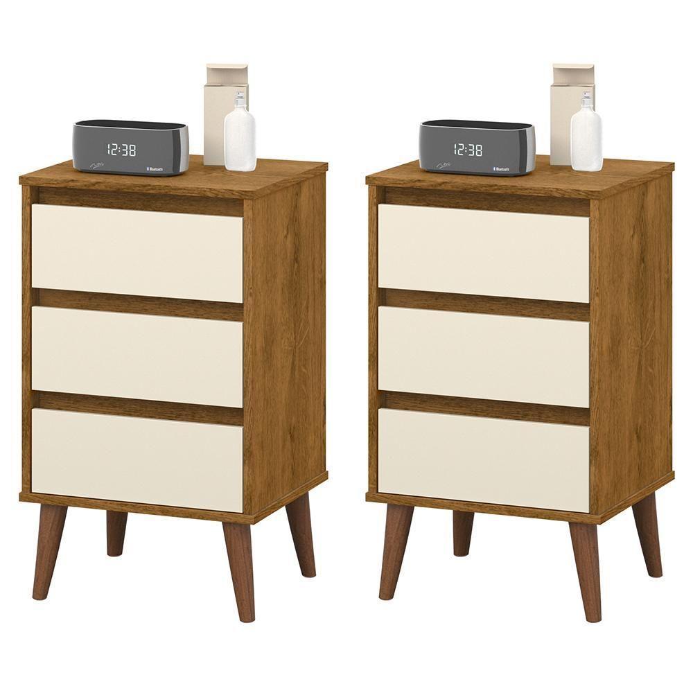 Kit 2 Mesas De Cabeceira Wood - Mdp 3 Gavetas Corrediças Metálicas Freijó-off White - Movelove - 1