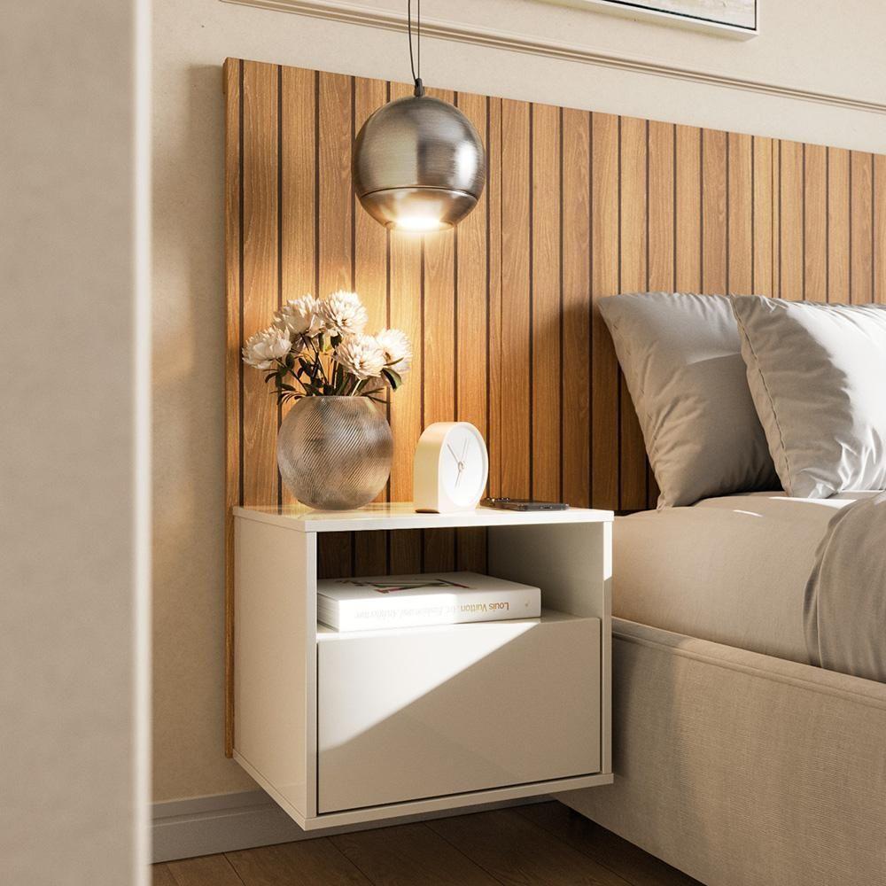 Mesa De Cabeceira Suspensa Com Efeito Ripado Cross Freijó - Movelove - 1