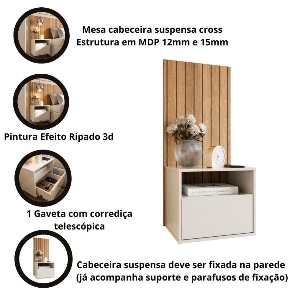 Mesa De Cabeceira Suspensa Com Efeito Ripado Cross Freijó - Movelove - 4