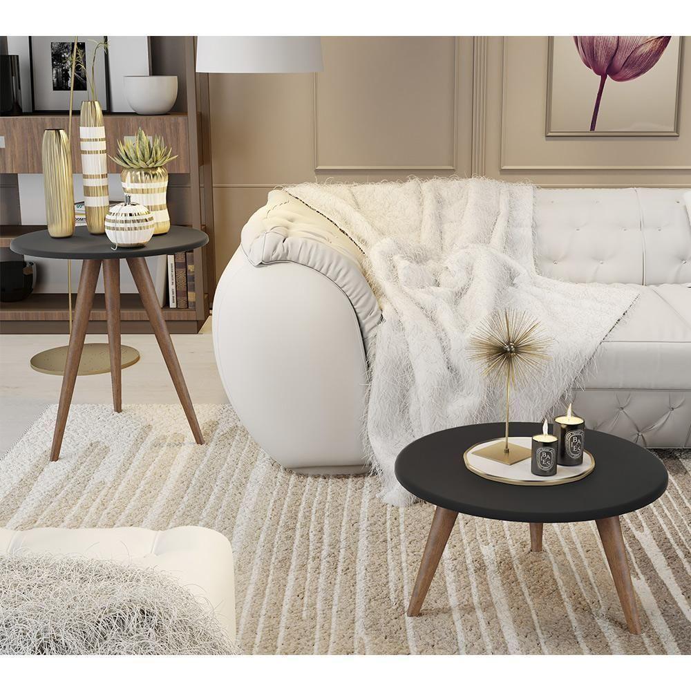 Conjunto 2 Mesas Retrô Natália - Pés Palito Lateral Apoio Mdf Mdp Preto - J3 Móveis - 1
