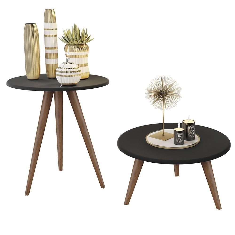 Conjunto 2 Mesas Retrô Natália - Pés Palito Lateral Apoio Mdf Mdp Preto - J3 Móveis - 4