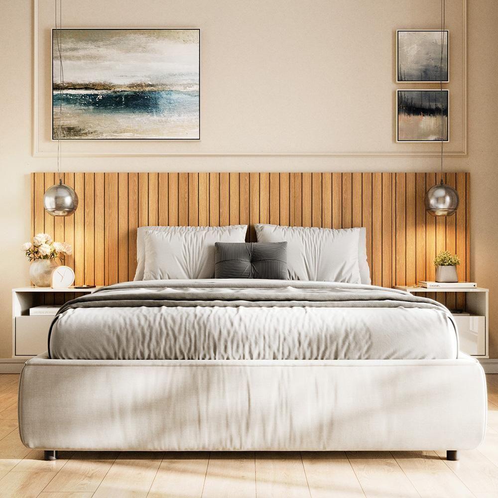 Cabeceira Box Casal 1.45 Efeito Ripado C- 2 Mesas De Cabeceira Suspensa Cross Freijó - Movelove - 1