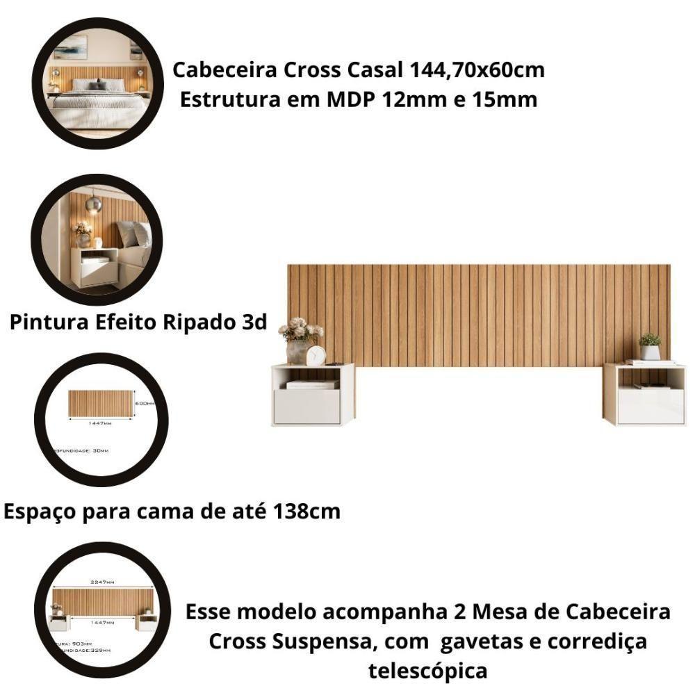 Cabeceira Box Casal 1.45 Efeito Ripado C- 2 Mesas De Cabeceira Suspensa Cross Freijó - Movelove - 3
