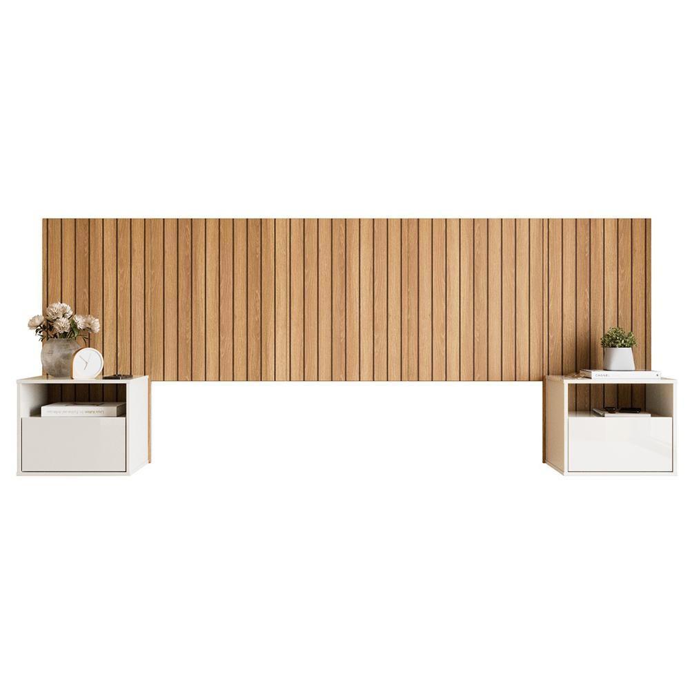 Cabeceira Box Casal 1.45 Efeito Ripado C- 2 Mesas De Cabeceira Suspensa Cross Freijó - Movelove - 7