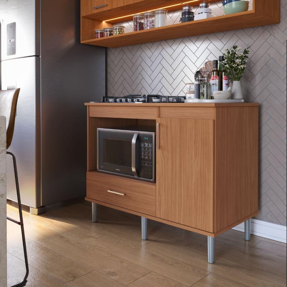 Balcão Para Cooktop 1,05m 5 Bocas 1 Nicho Com 1 Porta E Gaveta Turim Nature - 1