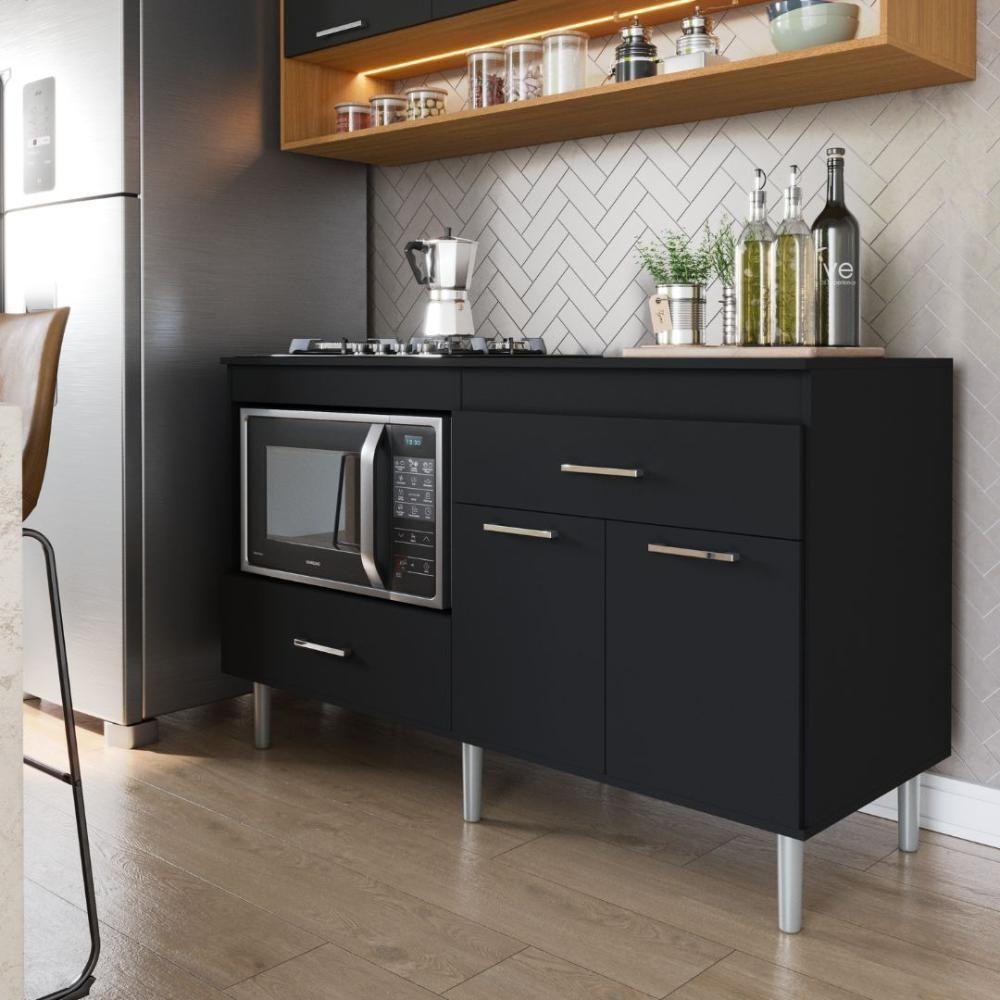 Balcão Para Cooktop 1,40m 5 Bocas 2 Portas Turim Preto Preto - 1