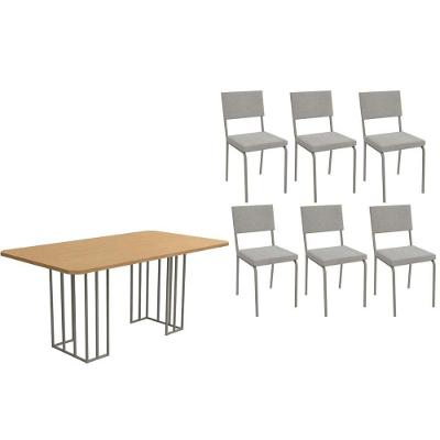 Conjunto Mesa De Cozinha Duina Com Tampo De Madeira 160cm E 6 Cadeiras Zaria Niquel Freijó Boucle Cinza Kappesberg