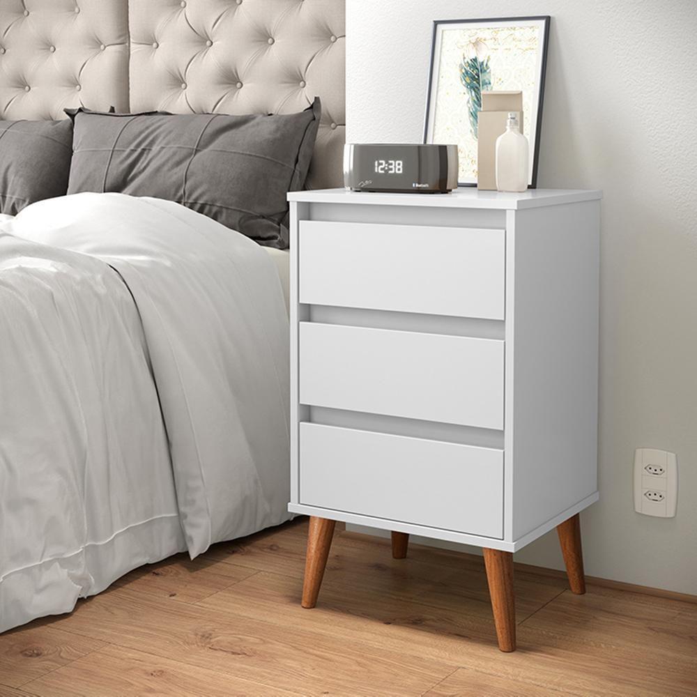 Mesa De Cabeceira Wood - Mdp 3 Gavetas Pés Madeira Maciça Branco - Ej Móveis - 1