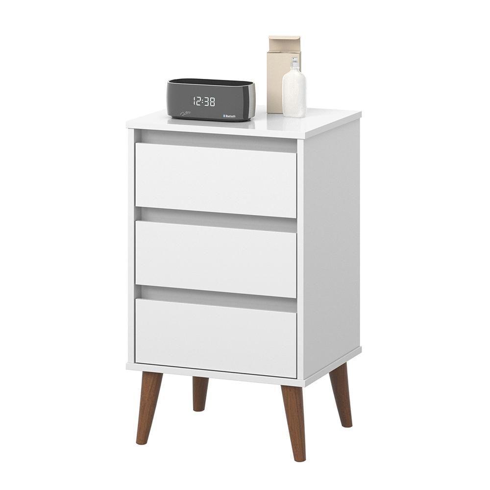 Mesa De Cabeceira Wood - Mdp 3 Gavetas Pés Madeira Maciça Branco - Ej Móveis - 5