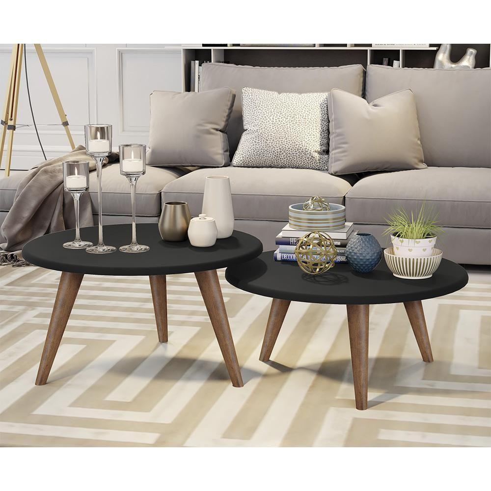 Conjunto 2 Mesas De Centro Redondas Grazi - Pé Palito Em Madeira Maciça Preto - J3 Móveis Preto - 1