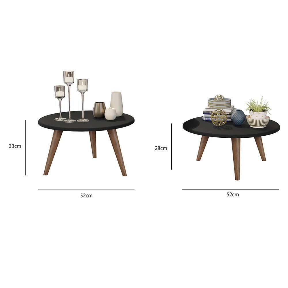 Conjunto 2 Mesas De Centro Redondas Grazi - Pé Palito Em Madeira Maciça Preto - J3 Móveis Preto - 3