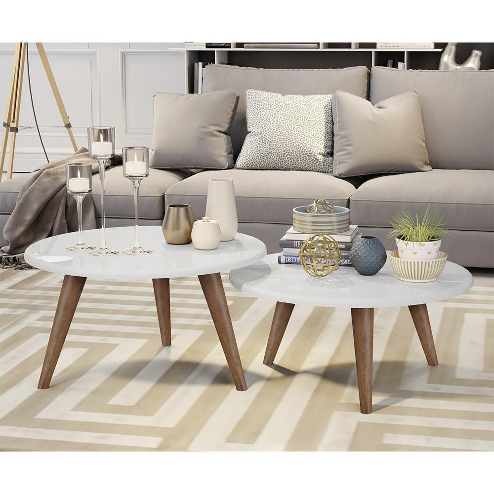 Conjunto Mesa De Centro E Mesa De Apoio Grazi - Pés De Madeira Branco - J3 Móveis - 1