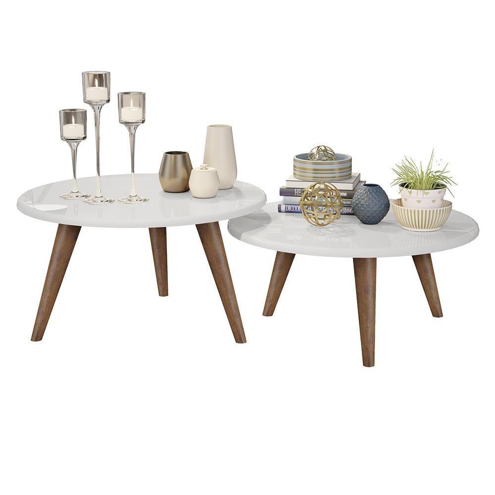 Conjunto Mesa De Centro E Mesa De Apoio Grazi - Pés De Madeira Branco - J3 Móveis - 4