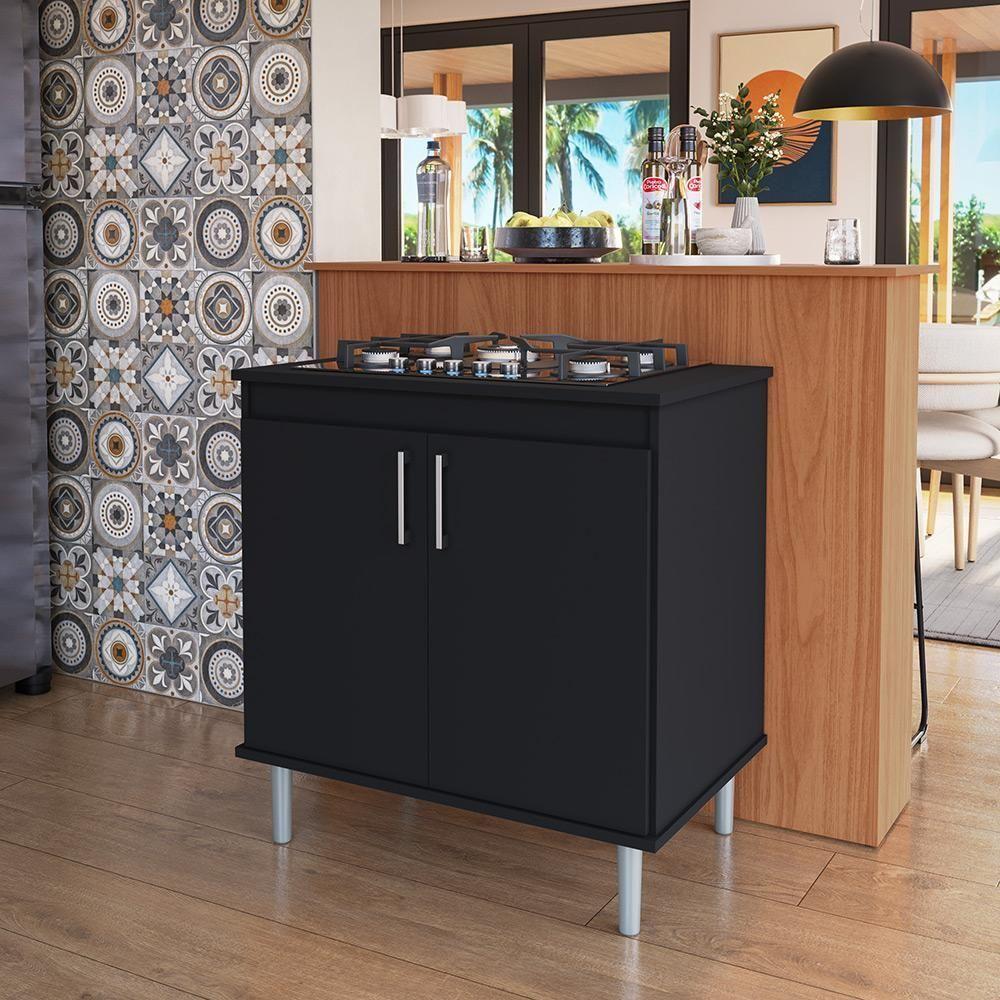 Kit Bancada Ilha Para Cozinha + Balcão Para Cooktop 0,80m 5 Bocas 2 Portas Turim Preto Preto - 1