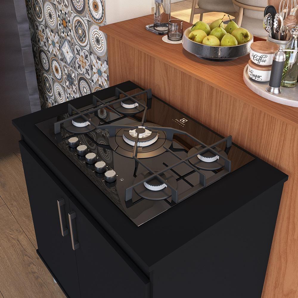 Kit Bancada Ilha Para Cozinha + Balcão Para Cooktop 0,80m 5 Bocas 2 Portas Turim Preto Preto - 2