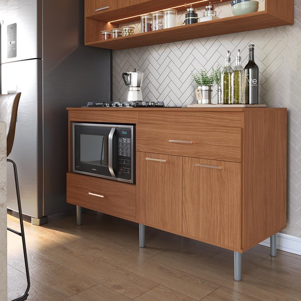 Balcão Para Cooktop 1,40m 5 Bocas 1 Nicho Com 2 Portas E 2 Gavetas Turim Nature Lojas Movelove - 1