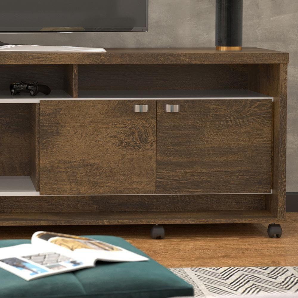 Rack Bancada Dallas - Mdp 3 Portas E Rodízios Canela-off White - Lukaliam Móveis - 7