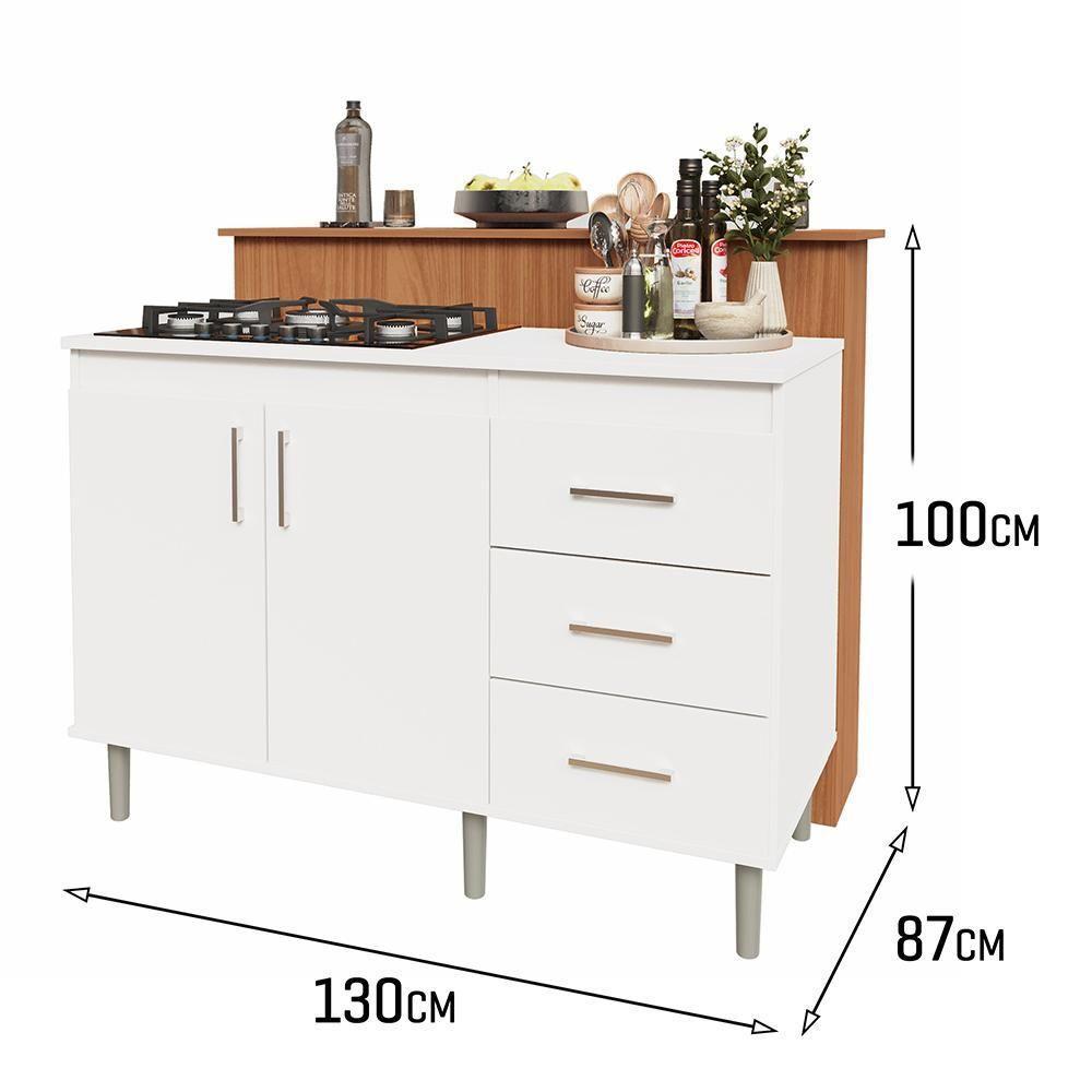 Kit Bancada Ilha Para Cozinha + Balcão Para Cooktop 1,20m 5 Bocas 2 Portas E 3 Gavetas Turim Branco Branco - 3
