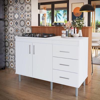 Kit Bancada Ilha Para Cozinha + Balcão Para Cooktop 1,20m 5 Bocas 2 Portas E 3 Gavetas Turim Branco Branco