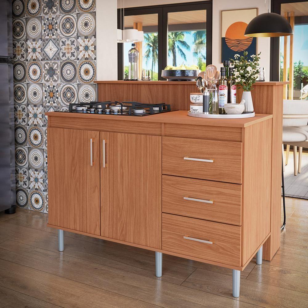 Kit Bancada Ilha Para Cozinha + Balcão Para Cooktop 1,20m 5 Bocas 2 Portas E 3 Gavetas Turim Nature Nature - 1