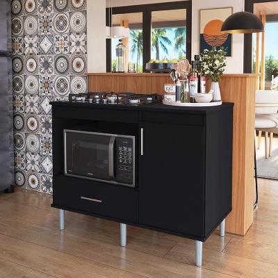 Kit Bancada Ilha Para Cozinha + Balcão Para Cooktop 1,05m 5 Bocas Turim Preto Preto