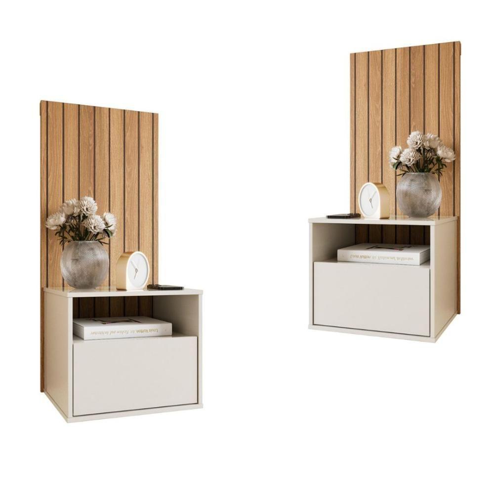 Kit 2 Mesas De Cabeceira Suspensa Efeito Ripado Cross Freijó - Movelove - 1