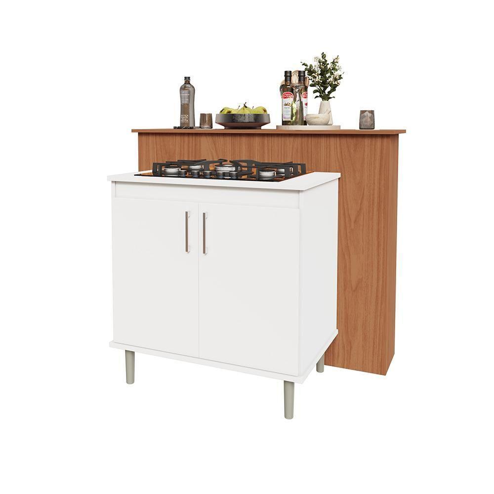 Kit Bancada Ilha Para Cozinha + Balcão Para Cooktop 0,80m 5 Bocas 2 Portas Turim Branco Branco - 8