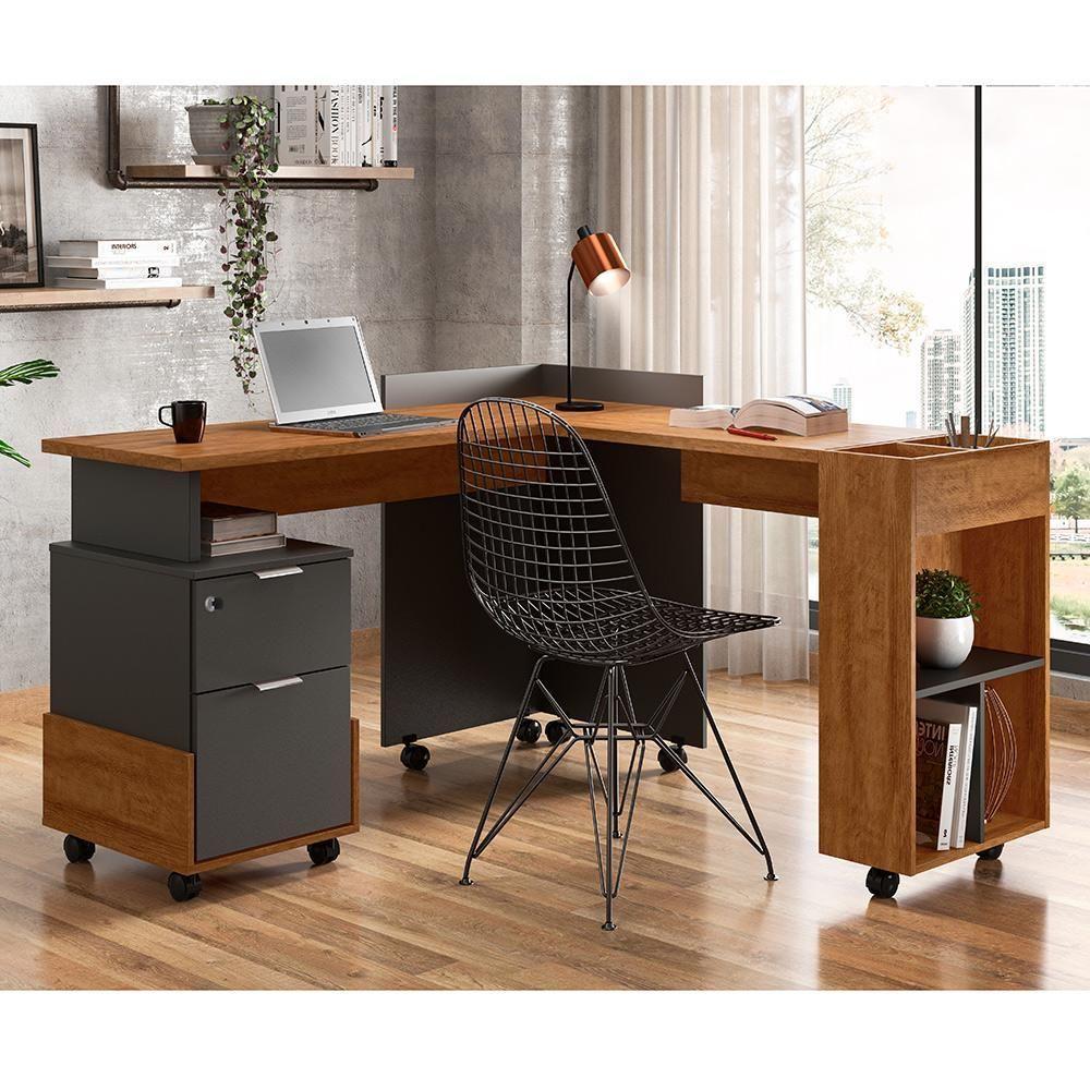 Mesa De Computador Em L Office Alessa 1 E 2 Lukaliam Móveis Amêndoa - Chumbo Amêndoa - Chumbo - 1