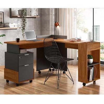 Mesa De Computador Em L Office Alessa 1 E 2 Lukaliam Móveis Amêndoa - Chumbo Amêndoa - Chumbo
