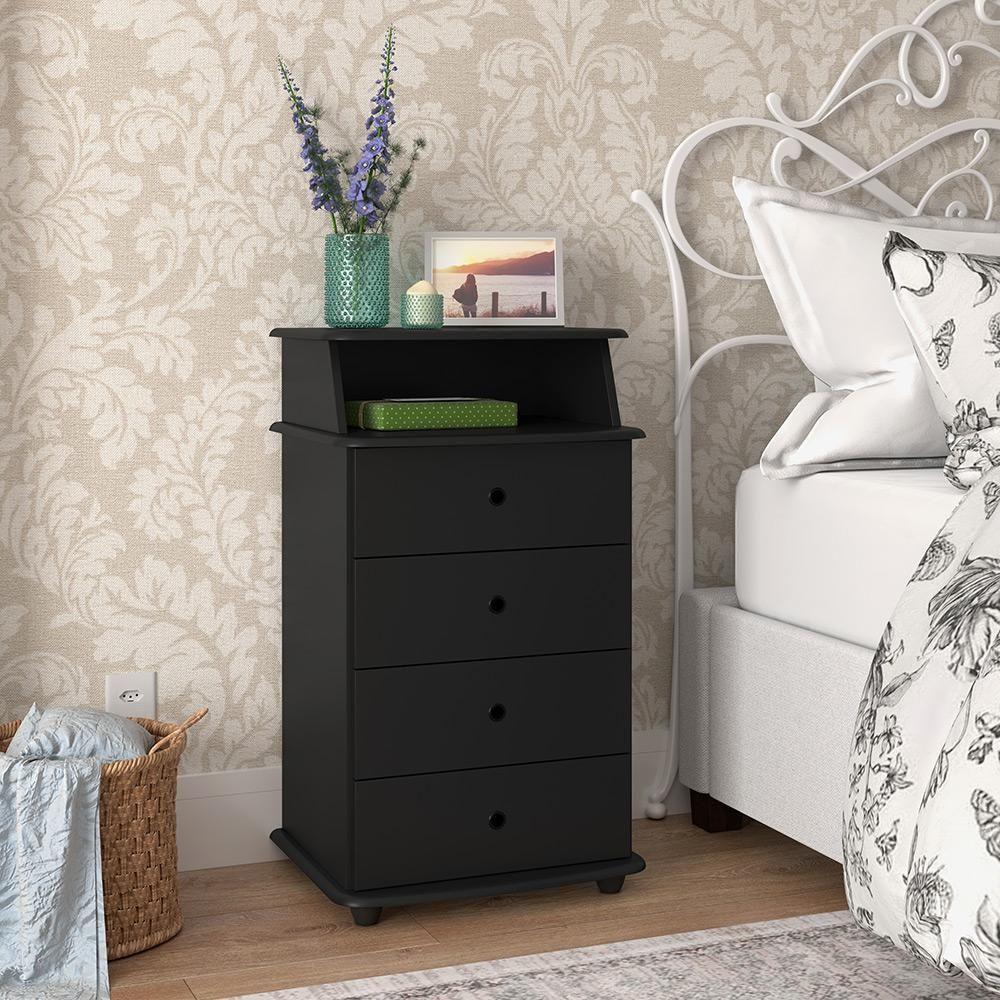 Mesa De Cabeceira Luxo Ii - Mdp 3 Gavetas Nicho Puxadores Cromados Preto - Ej Móveis - 1