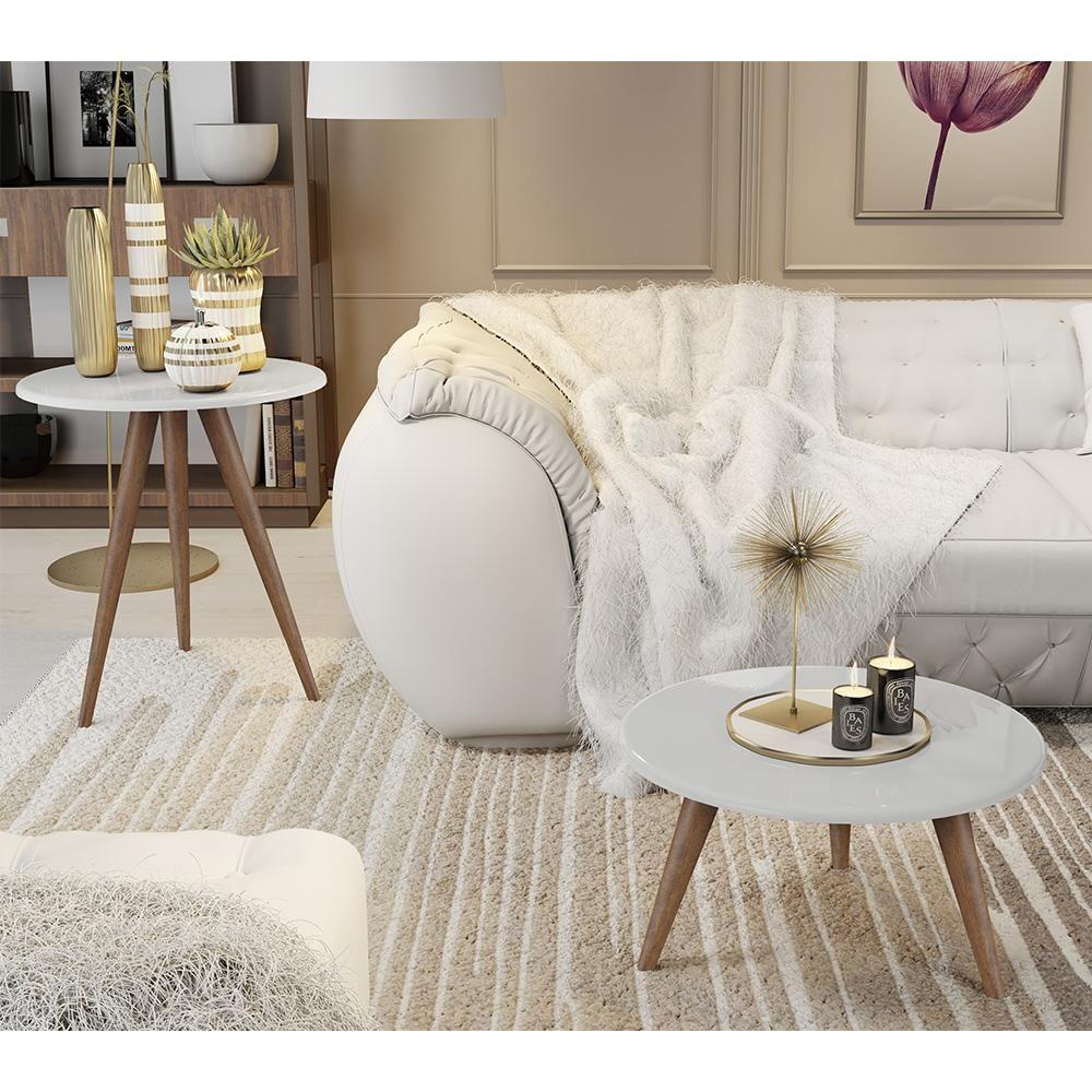 Conjunto 2 Mesas Retrô Natália - Pés Palito Lateral Apoio Mdf Mdp Branco - J3 Móveis - 1