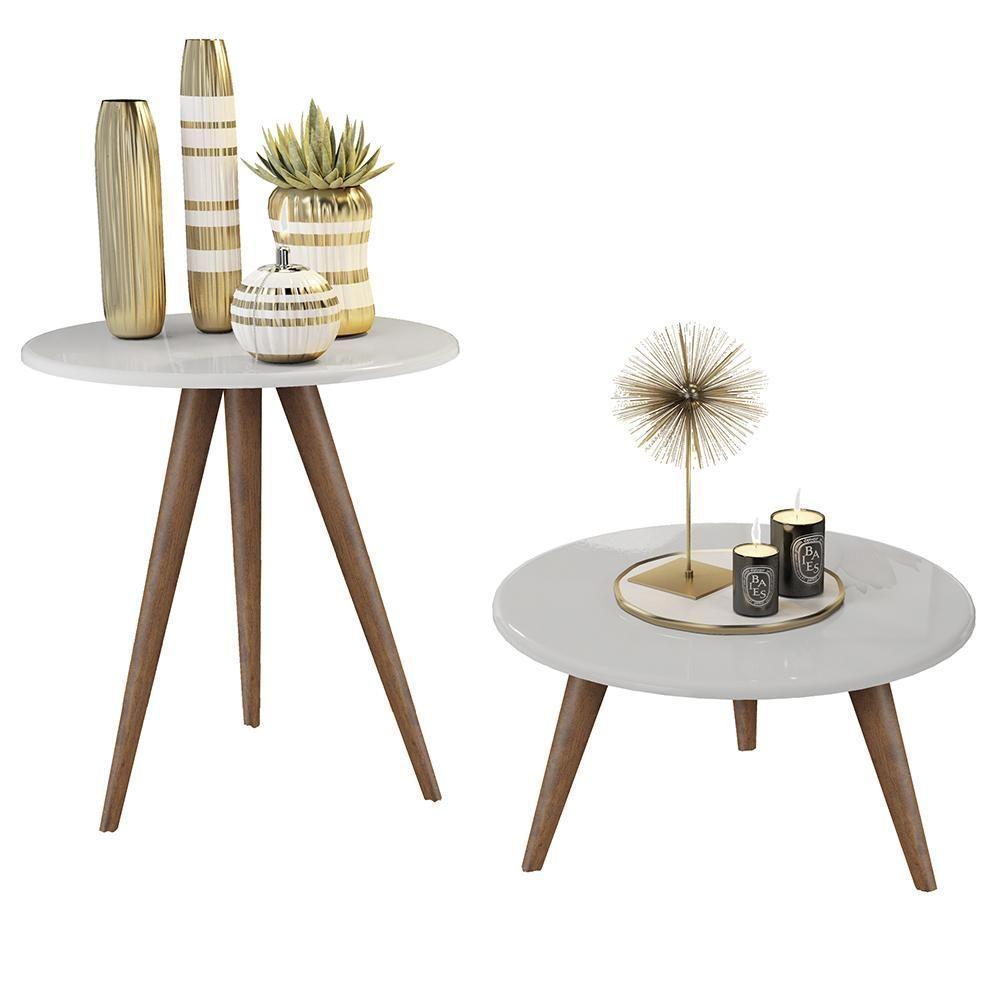 Conjunto 2 Mesas Retrô Natália - Pés Palito Lateral Apoio Mdf Mdp Branco - J3 Móveis - 4