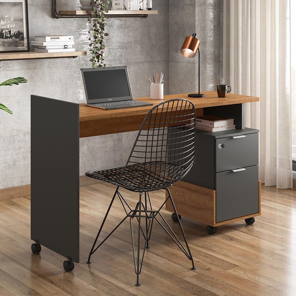 Mesa Escrivaninha 2 Gavetas Módulo 1 Office Alessa Lukaliam Móveis Amêndoa - Chumbo Amêndoa - Chumbo - 1