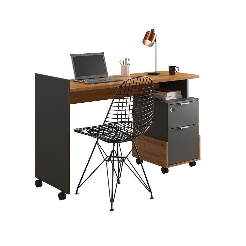 Mesa Escrivaninha 2 Gavetas Módulo 1 Office Alessa Lukaliam Móveis Amêndoa - Chumbo Amêndoa - Chumbo - 2