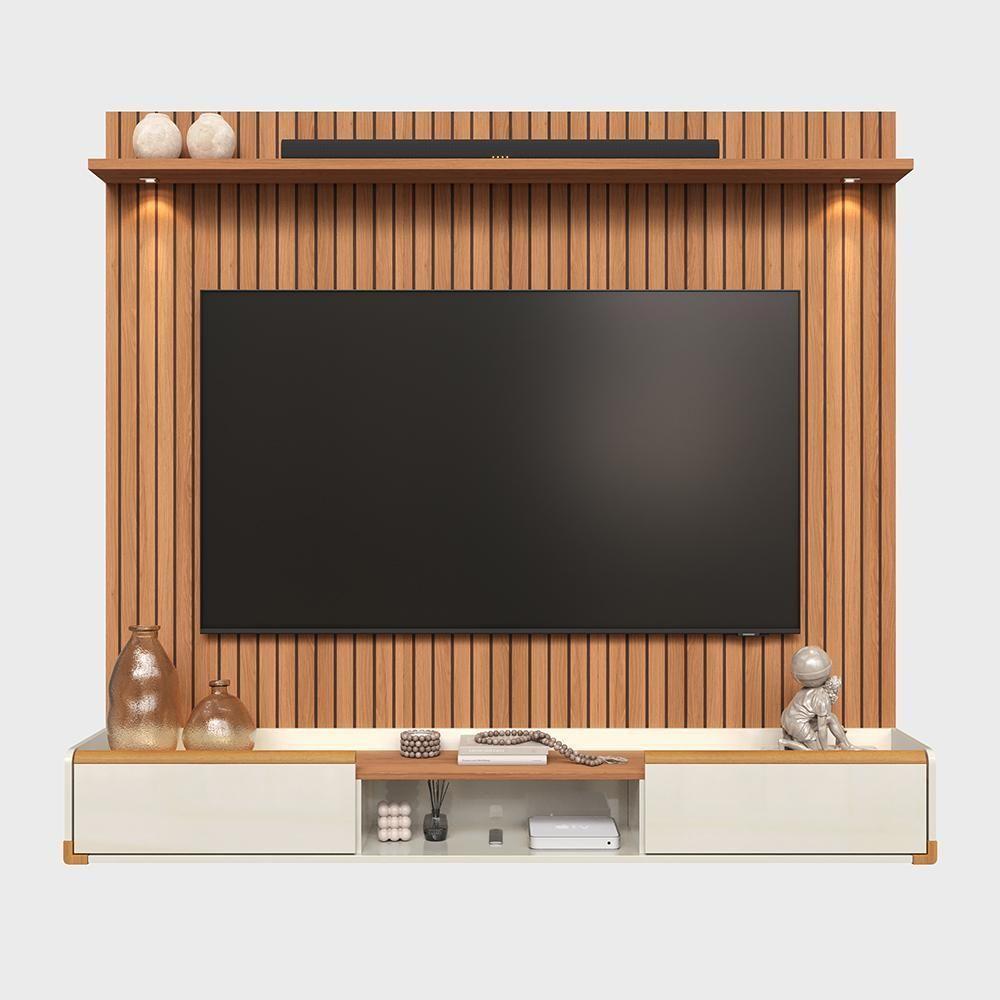 Painel River 1.8 Com Led + Rack Bancada Atlas 1.8 Jequitiba-off White Lukaliam Móveis Jequitiba Ripado-off White Jequitiba Ripado-off White - 2