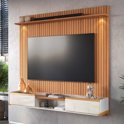 Painel River 1.8 Com Led + Rack Bancada Atlas 1.8 Jequitiba-off White Lukaliam Móveis Jequitiba Ripado-off White Jequitiba Ripado-off White