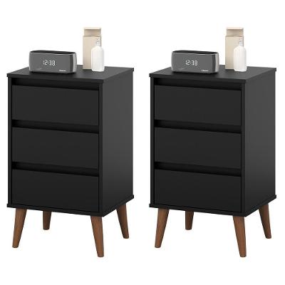 Kit 2 Mesas De Cabeceira Wood - Mdp 3 Gavetas Corrediças Metálicas Preto - Movelove