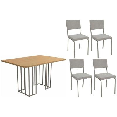 Conjunto Mesa De Cozinha Duina Com Tampo De Madeira 136cm E 4 Cadeiras Zaria Niquel Freijó Boucle Cinza Kappesberg