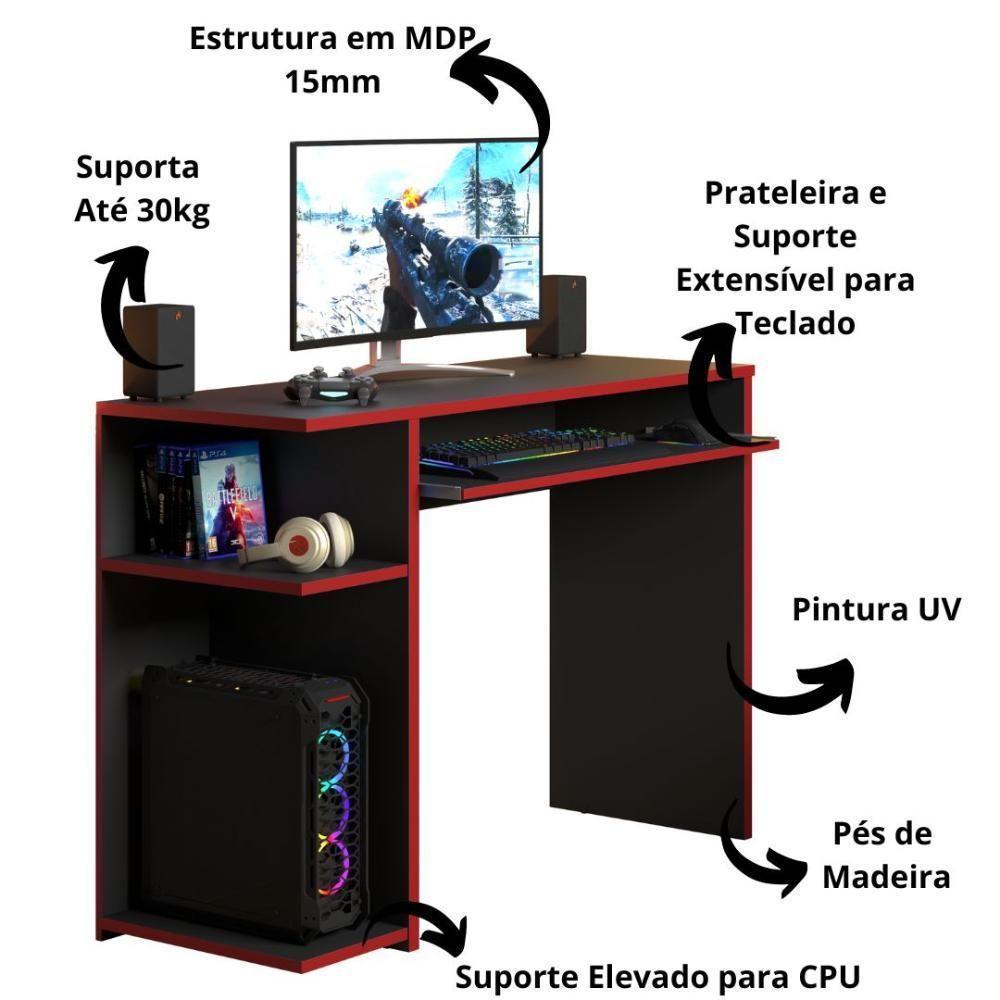 Mesa Para Computador Jm Xp - Mdp 1 Porta E 1 Gaveta Preto-vermelho - J3 Móveis - 2
