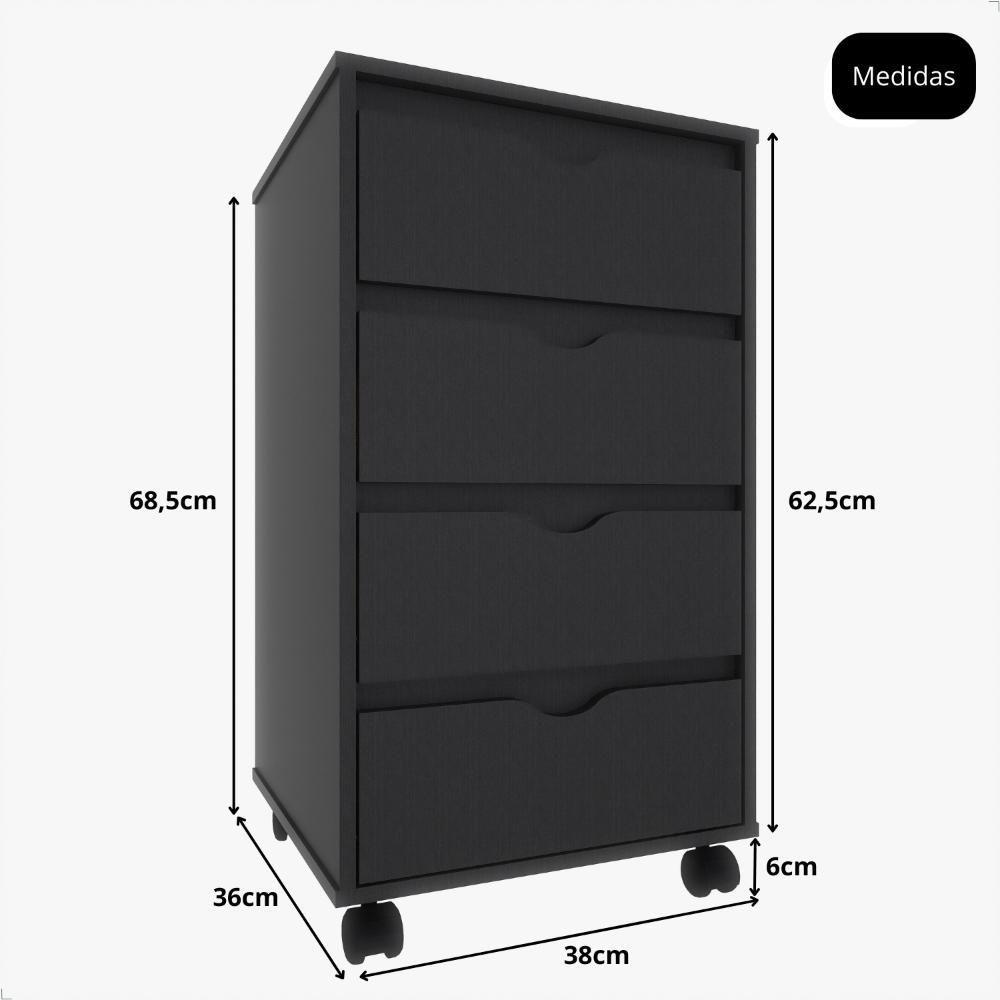 Gaveteiro Multiuso 4 Gavetas Com Rodizios Preto Preto - 4