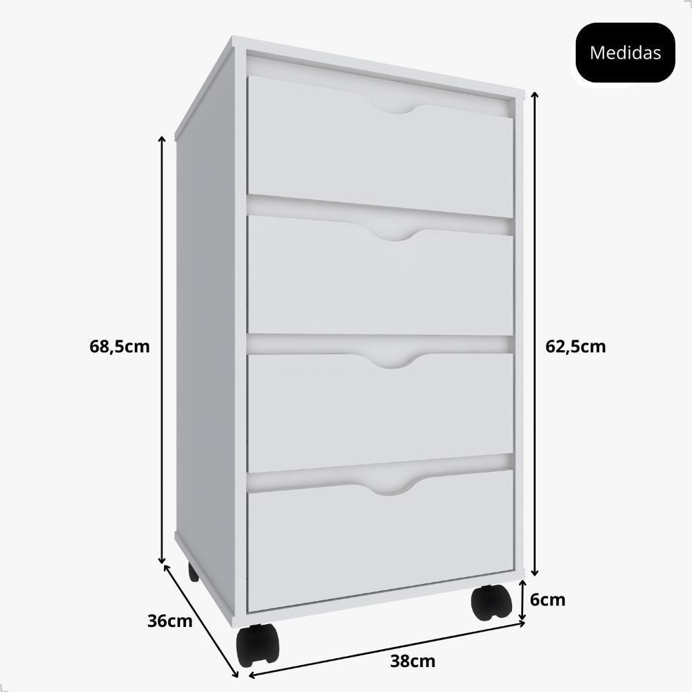Gaveteiro Multiuso 4 Gavetas Com Rodizios Branco Branco - 4