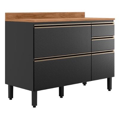 Balcão Pia Proença 120cm 1 Porta E 4 Gavetas Nogueira Touch-carbono Prime Tx Com Tampo Mdf - Demartêz