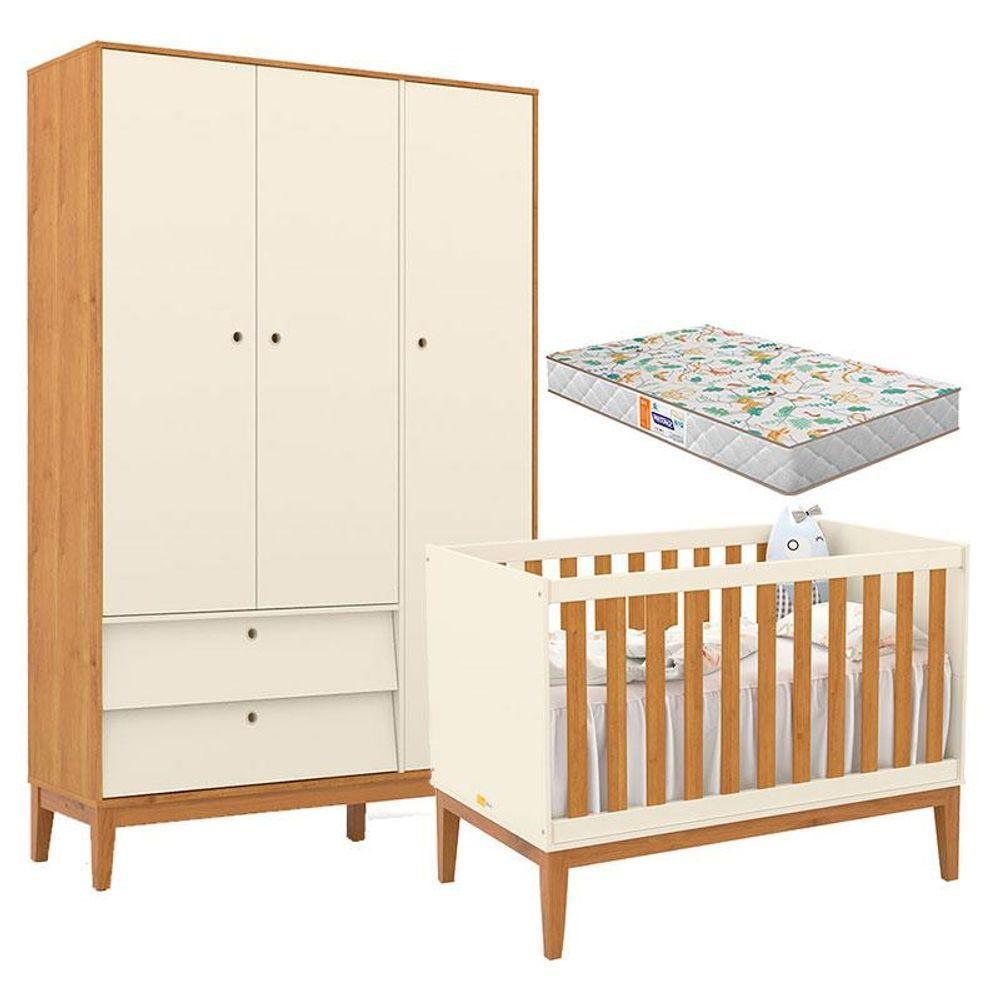 Berço Americano E Guarda Roupa Unique 3 Portas Off White Freijó Eco Wood Com Colchão Gazin - Matic - 1