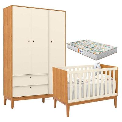 Berço Americano E Guarda Roupa Unique 3 Portas Freijó Off White Eco Wood Com Colchão Gazin - Matic