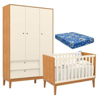 Berço Americano E Guarda Roupa Unique 3 Portas Freijó Off White Eco Wood Com Colchão Ortobom