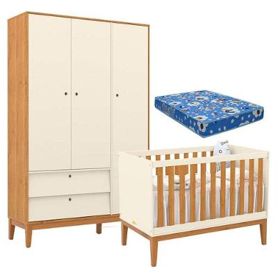 Berço Americano E Guarda Roupa Unique 3 Portas Off White Freijó Eco Wood Com Colchão Ortobom