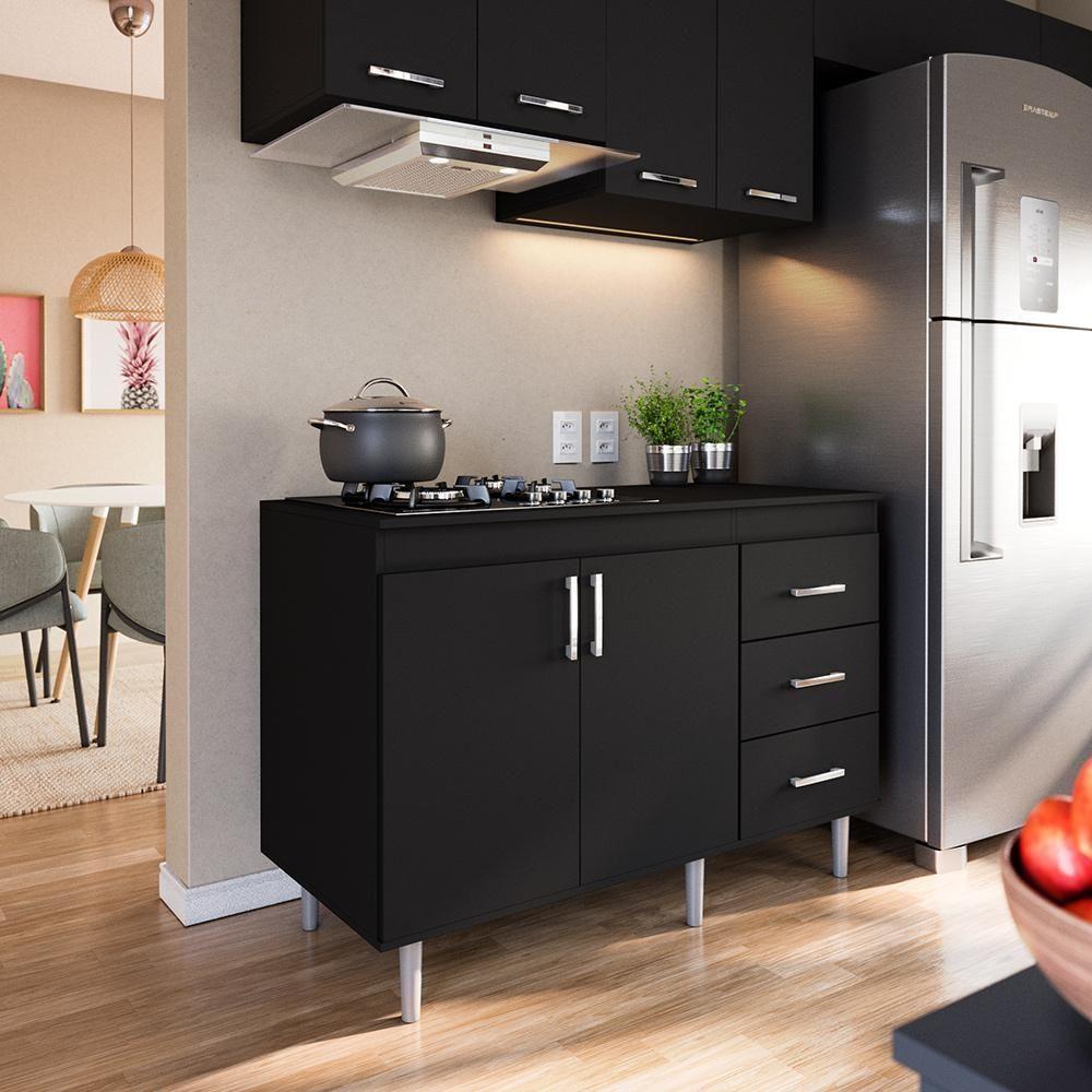 Balcão Em Mdp Para Cooktop 1,20m 5 Bocas 2 Portas E 3 Gavetas Turim Preto Preto - 1