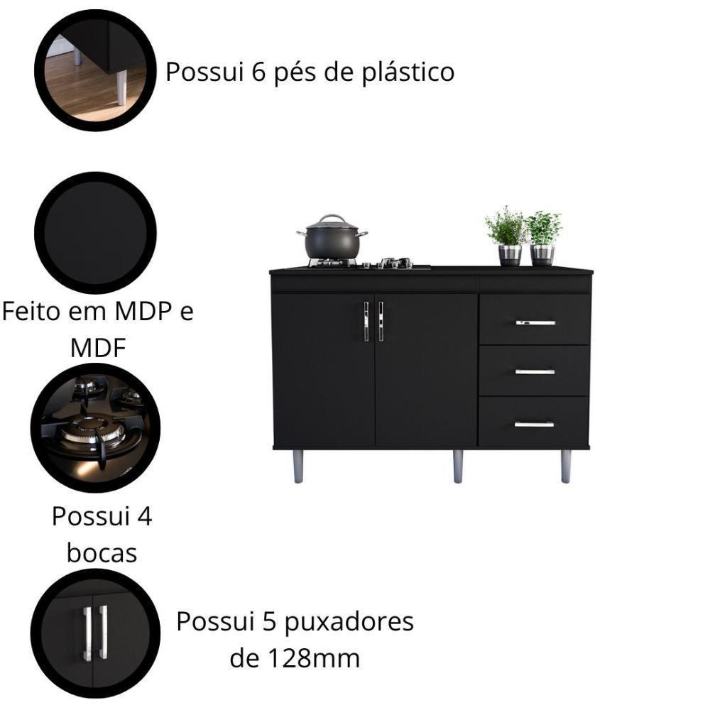 Balcão Em Mdp Para Cooktop 1,20m 5 Bocas 2 Portas E 3 Gavetas Turim Preto Preto - 3